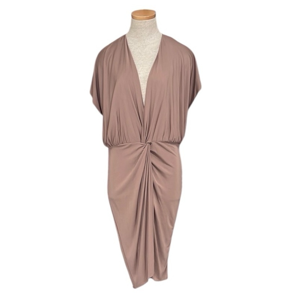 Haute Hippie Dress Taupe Brown Deep V Neck Ruched Front Rayon Size Medium